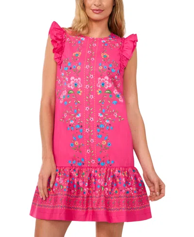 Cece Women's Floral Ruffle-sleeve Flounce-hem Dress In Beetroot Pink
