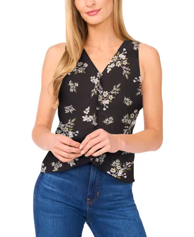 Cece Women's Floral Shirred Button Down Sleeveless Top In Black