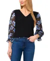 Cece Floral Clip Dot Sleeve V-neck Mixed Media Top In Mod Black