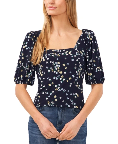Cece Women's Floral Square-neck Puff-sleeve Knit Top In Navy J