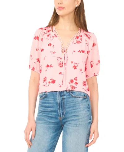 Cece Short Sleeve V Neck Pintuck Blouse In Pink
