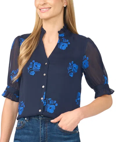 Cece Ruffle Neck Elbow Sleeve Blouse In Blue