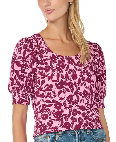 Cece Women's Floral-print Shirred Short-sleeve Crewneck Blouse In Brown