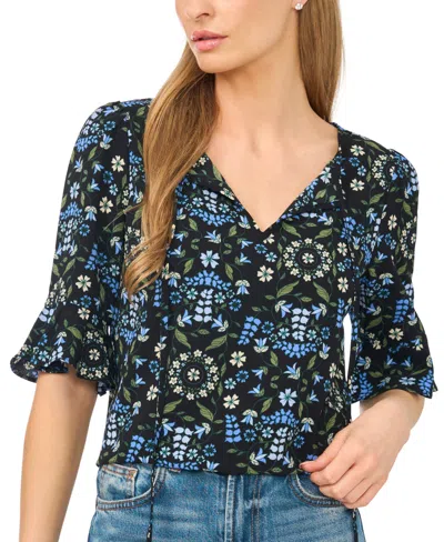 Cece Women's Floral-print Split-tie Neck Ruffle-cuff 3/4-sleeve Blouse In Black