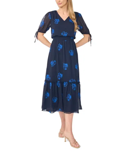 Cece Women's Floral-print V-neck Smocked Waist Midi Dress In Blue