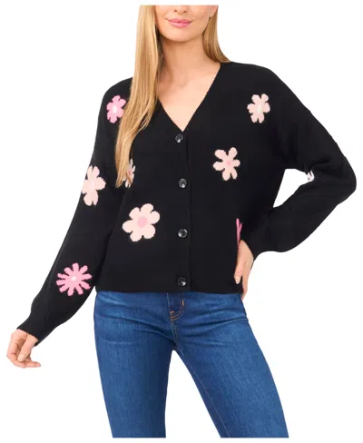 Cece Women's Flower Pattern V-neck Cardigan Sweater In Black