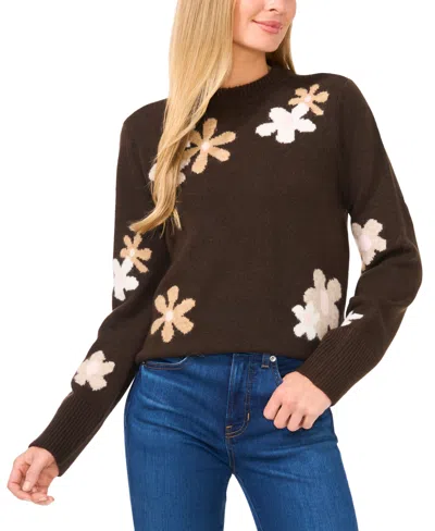 Cece Women's Flower Patterned Knit Crewneck Sweater In Chocolate