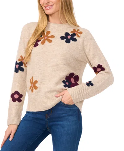 Cece Women's Flower Patterned Knit Crewneck Sweater In Oatmeal