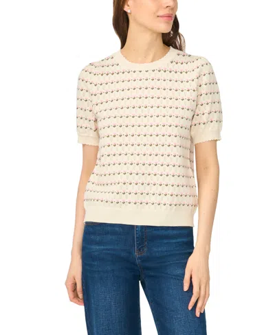 Cece Women's Flower Pointelle Crewneck Short-sleeve Cotton Sweater In Cosmic Ivory