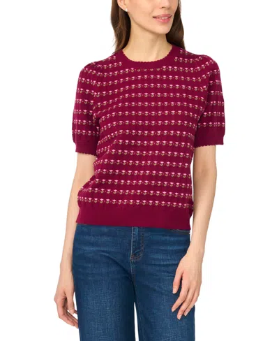Cece Women's Flower Pointelle Crewneck Short-sleeve Cotton Sweater In Deep Mulberry