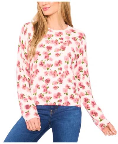 Cece Women's Flower Printed Pullover Sweater In White