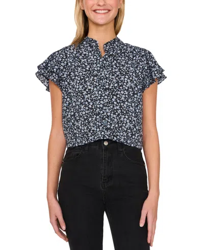 Cece Women's Flutter-sleeve Hidden-placket Blouse In Rich Black