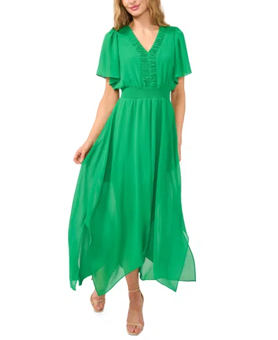 Cece Women's Flutter-sleeve Ruched V-neck Dress In Green