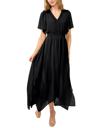 Cece Women's Flutter-sleeve Ruched V-neck Smocked-waist Maxi Dress In Black