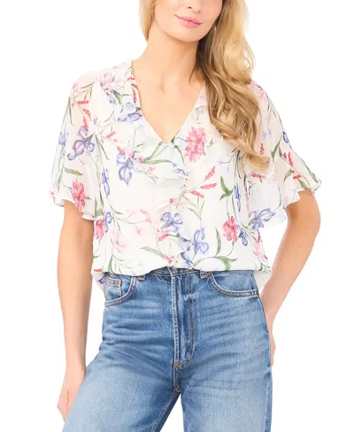 Cece Women's Flutter Sleeve Ruffle Detail V-neck Top In White