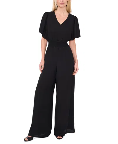 Cece Wear To Work Flutter Short Sleeve Smocked Waist Jumpsuit In Rich Black