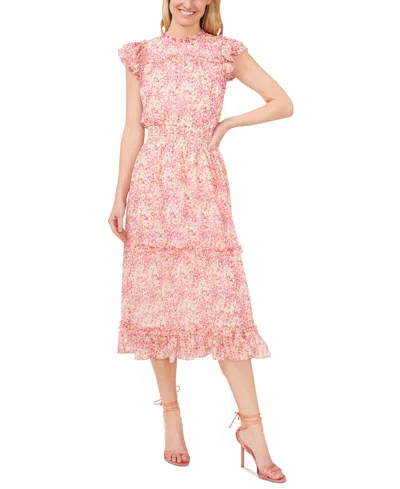 Cece Women's Flutter Sleeve Smocked Waist Midi Dress In Peach Coral