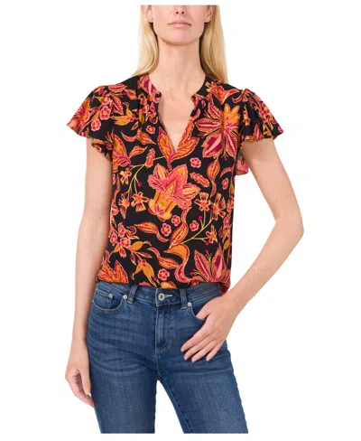 Cece Floral Flutter Sleeve Top In Rich Black