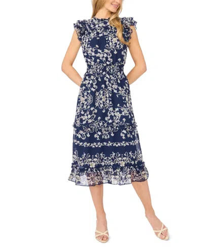 Cece Women's Flutter-sleeve Crewneck Smocked Waist Midi Dress In Multi
