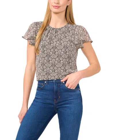 Cece Floral Flutter Sleeve Top In Gray