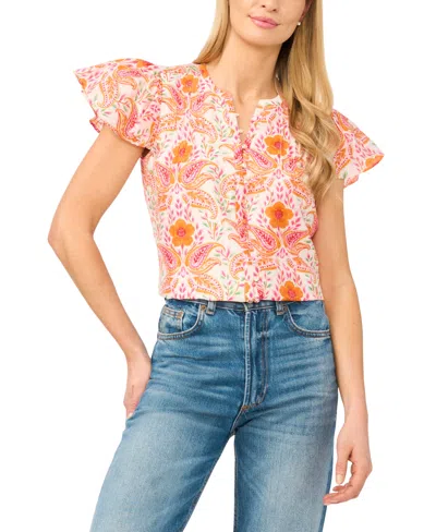 Cece Women's Flutter-sleeve Printed Blouse In White
