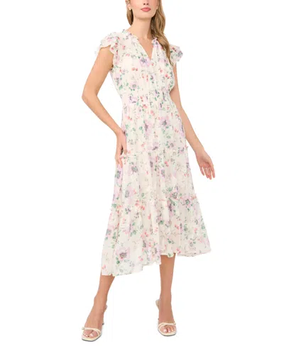 Cece Women's Flutter-sleeve Smocked Waist Split-tie Neck Tiered Maxi Dress In White