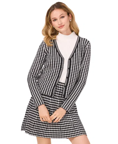 Cece Women's Gingham V-neck Cardigan In Rich Black