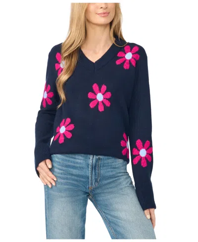 Cece Women's Groovy Floral-print V-neck Sweater In Blue