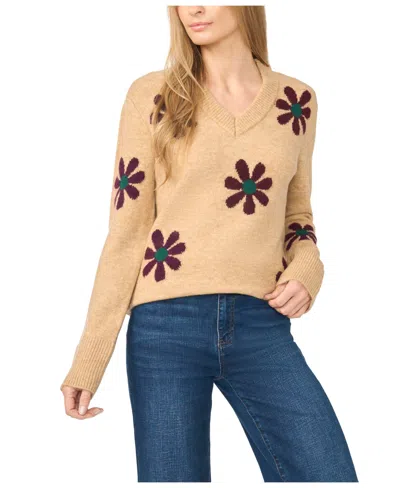 Cece Women's Groovy Floral-print V-neck Sweater In Multi