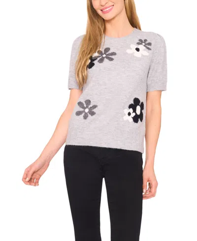 Cece Women's Groovy Flower Short Sleeve Pullover Sweater In Gray