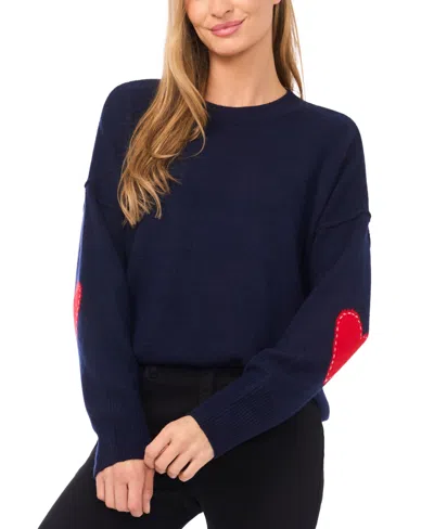 Cece Women's Heart Elbow Patch Crewneck Sweater In Blue