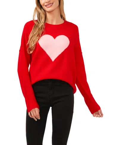 Cece Women's Heart-print Crewneck Long-sleeve Sweater In Red