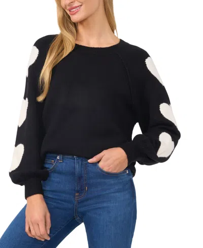 Cece Women's Heart-print Raglan Sleeve Crewneck Sweater In Rich Black