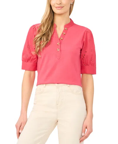 Cece Women's Henley Puff-sleeve Cotton Top In Pink
