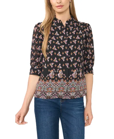 Cece Women's Hidden-placket Collared 3/4-sleeve Blouse In Black
