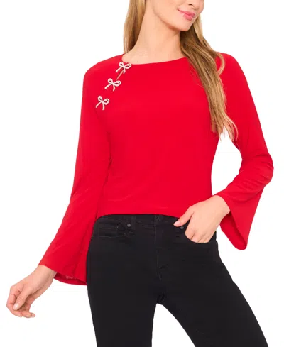 Cece Women's Imitation Pearl Bow Long-sleeve Knit Top In Red