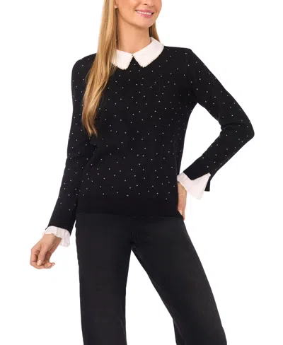Cece Women's Imitation Pearl Collar Crewneck Polka Dot Sweater In Black