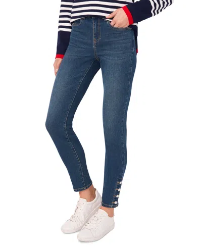 Cece Women's Imitation-pearl-trim High-rise Skinny Jeans In Mid Indigo