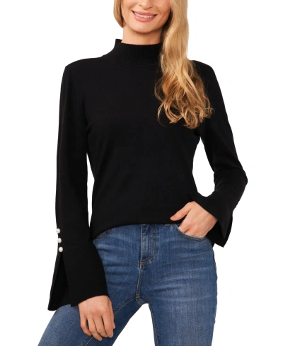 Cece Women's Imitation Pearl Trim Split Sleeve Mock Neck Sweater In Rich Black