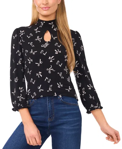 Cece Women's Keyhole Mock Neck Elbow Sleeve Knit Top In Black