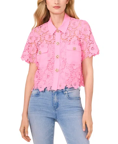 Cece Women's Lace Short-sleeve Button-up Blouse In Peony Rush