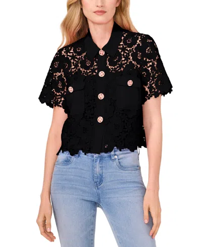 Cece Women's Lace Short-sleeve Button-up Blouse In Rich Black