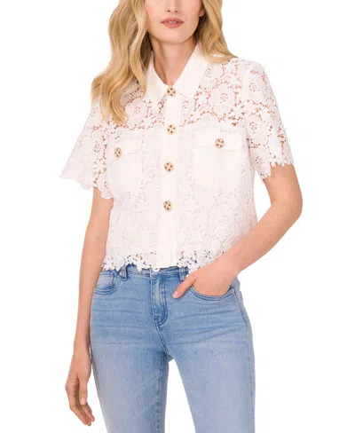Cece Women's Lace Short-sleeve Button-up Blouse In Ultra White