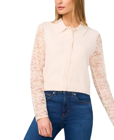 Cece Women's Lace-sleeve Button-front Collared Cardigan In Soft Cream