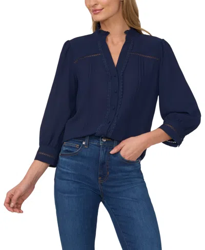 Cece Women's Lace Trimmed Pintuck 3/4-sleeve Button Front Blouse In Classic Navy