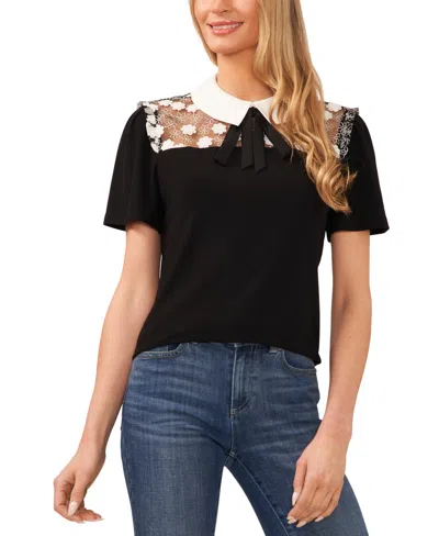 Cece Women's Lace-yoke Short-sleeve Tie-neck Collared Top In Rich Black