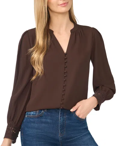 CECE WOMEN'S LACE-CUFF BUTTON-FRONT V-NECK BLOUSE