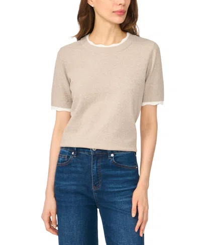 Cece Women's Lace-trim Crewneck Short-sleeve Sweater In Light Heather Taupe