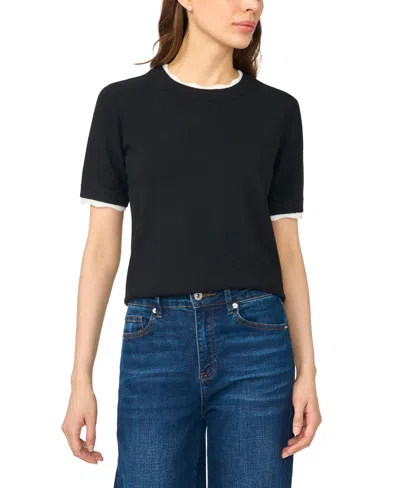 Cece Women's Lace-trim Crewneck Short-sleeve Sweater In Rich Black
