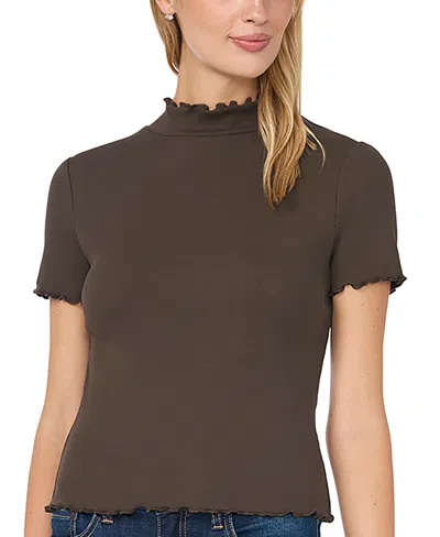 Cece Women's Lettuce-trim Mock Neck Short-sleeve Top In Brown